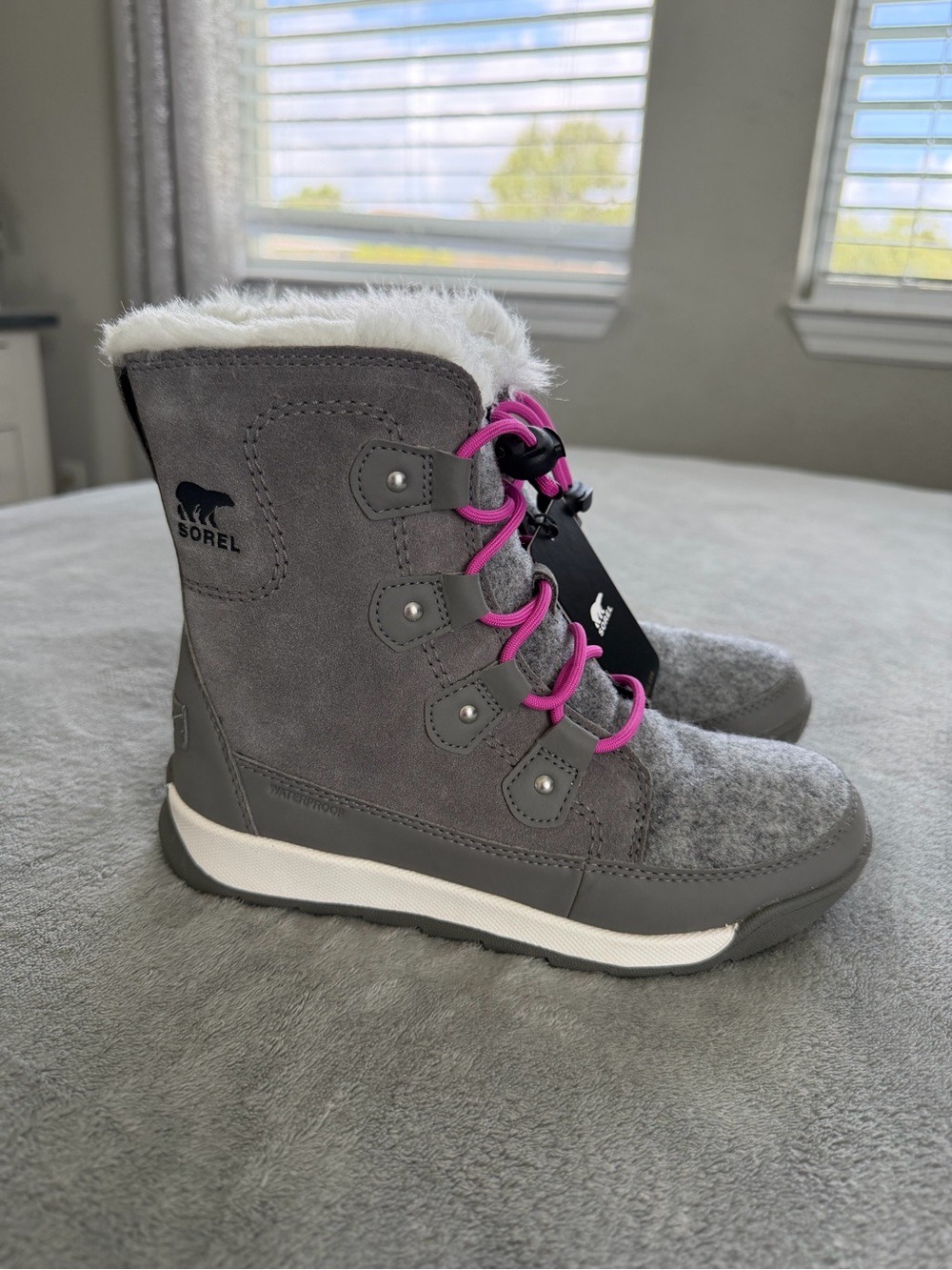 Sorel Kids' Gray Winter Boots, Waterproof with Pink Laces